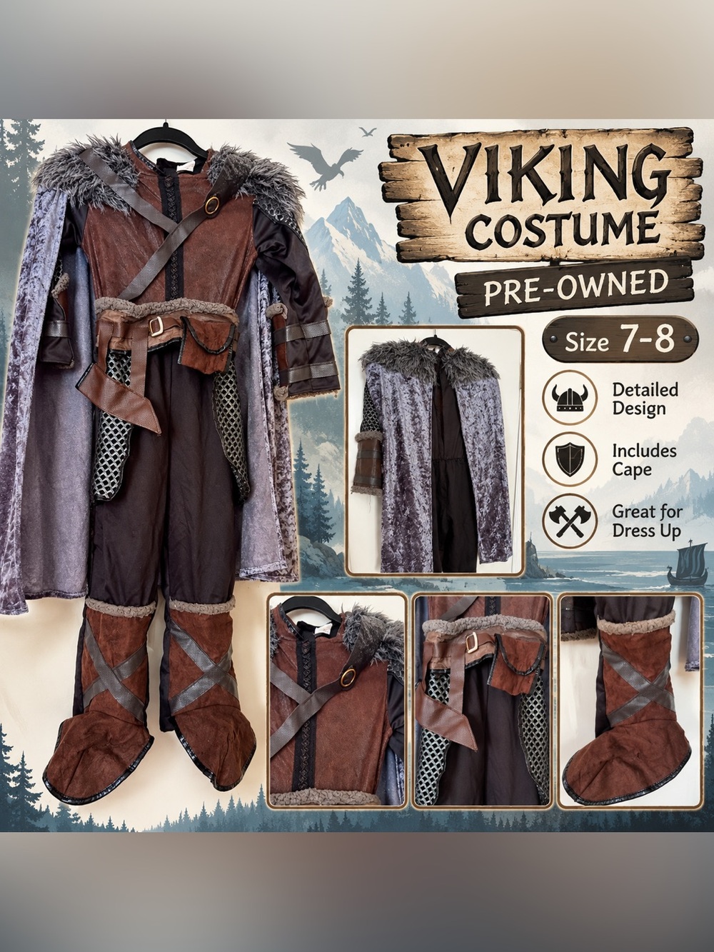 Kids Viking Costume with Gray Fur Trim